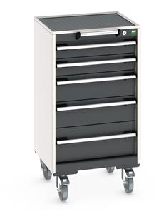 Bott Cubio 5 Drawer Mobile Cabinet with external dimensions of 525mm wide x 525mm deep  x 985mm high. Each drawer has a 50kg U.D.L. capacity with 100% extension and the unit also features drawer blocking and safety interlocks.... Bott Mobile Storage Cabinet Drawer Trolleys 525mm x 525mm